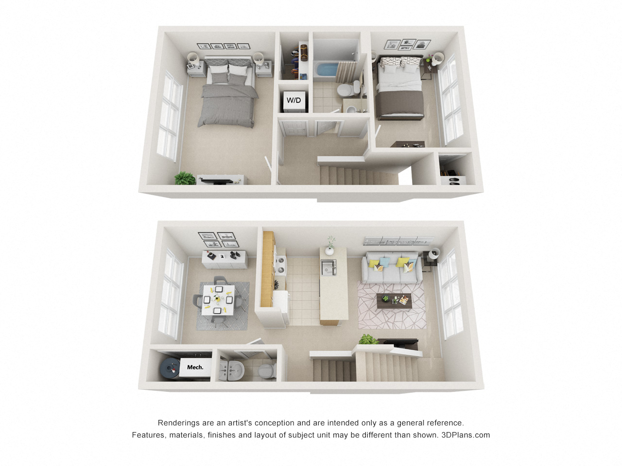 Floor plan for 2 beds, 1.5 baths, 1012 sqft